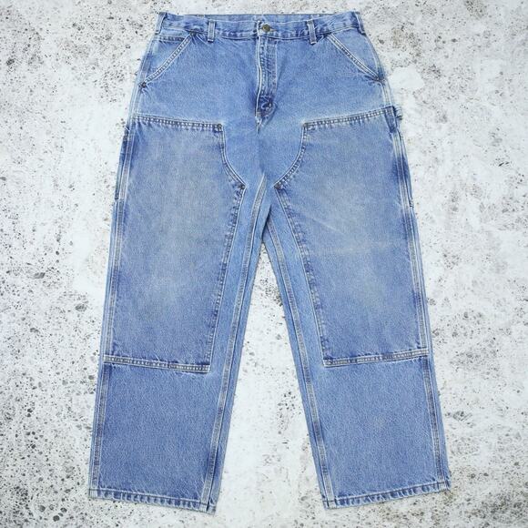 Vintage Carhartt B73 DST Faded Blue Jeans Denim Double Knee Carpenter Pant 36x29 - Picture 1 of 16